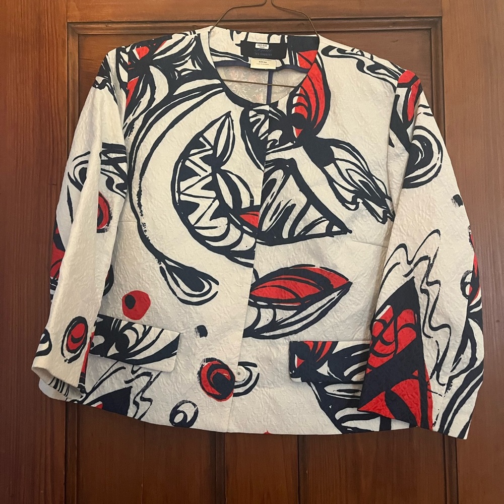Les Copains White Blazer with Black & Red Abstract Print